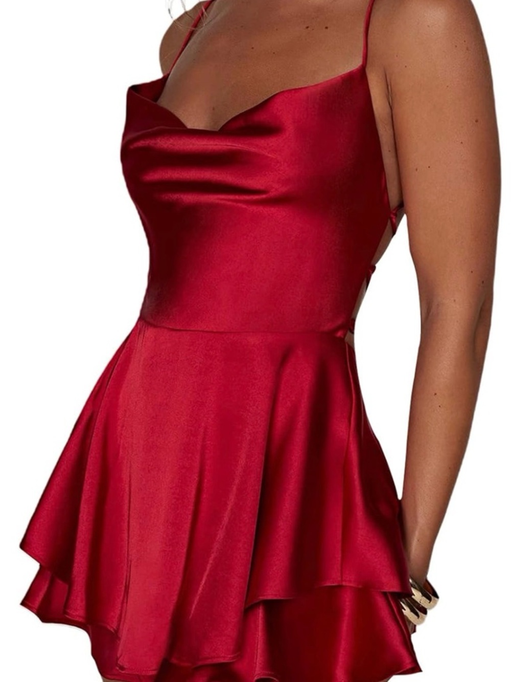 Short Romper Satin Dress Cowl Neck Tie Ruffle Layer shorts sexy small